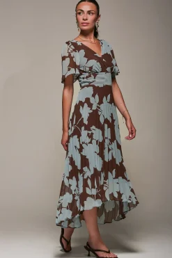 Chiffon Pleated Dip Hem Maxi Dress, Brown Floral
