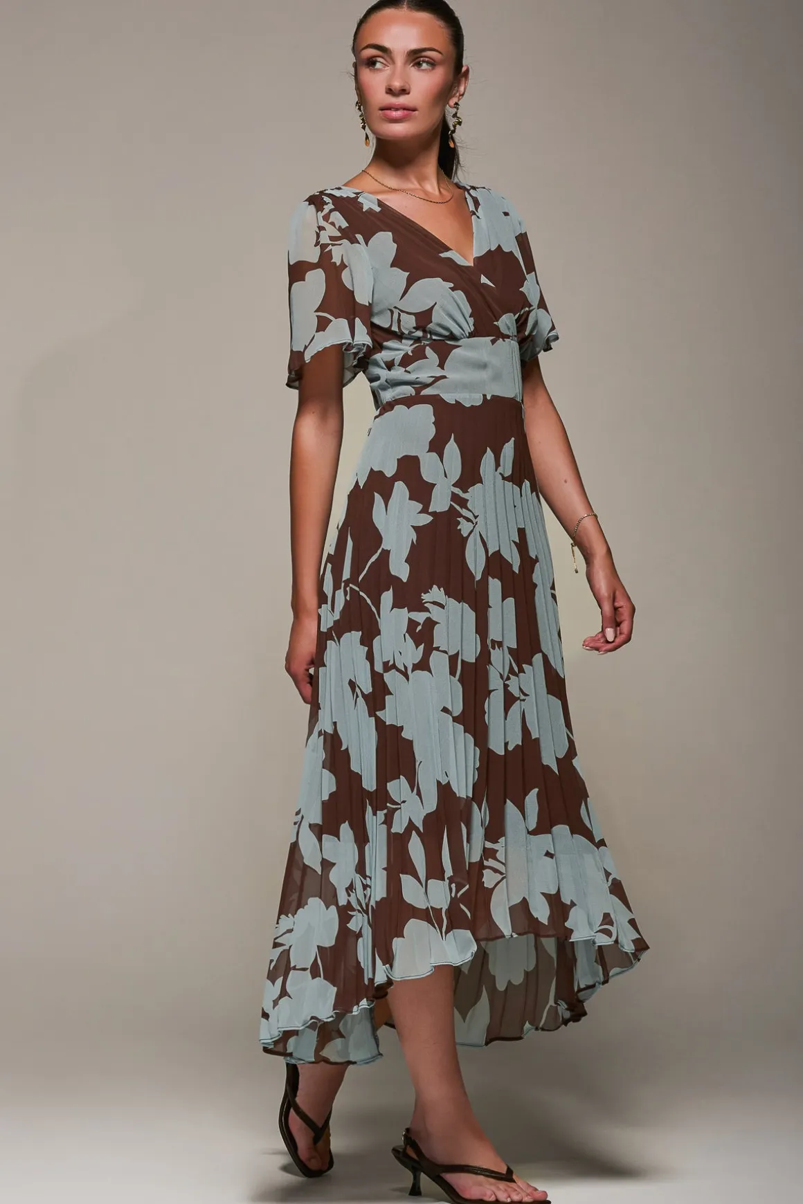 Chiffon Pleated Dip Hem Maxi Dress, Brown Floral