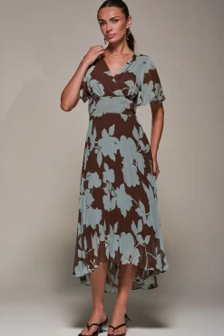 Chiffon Pleated Dip Hem Maxi Dress, Brown Floral