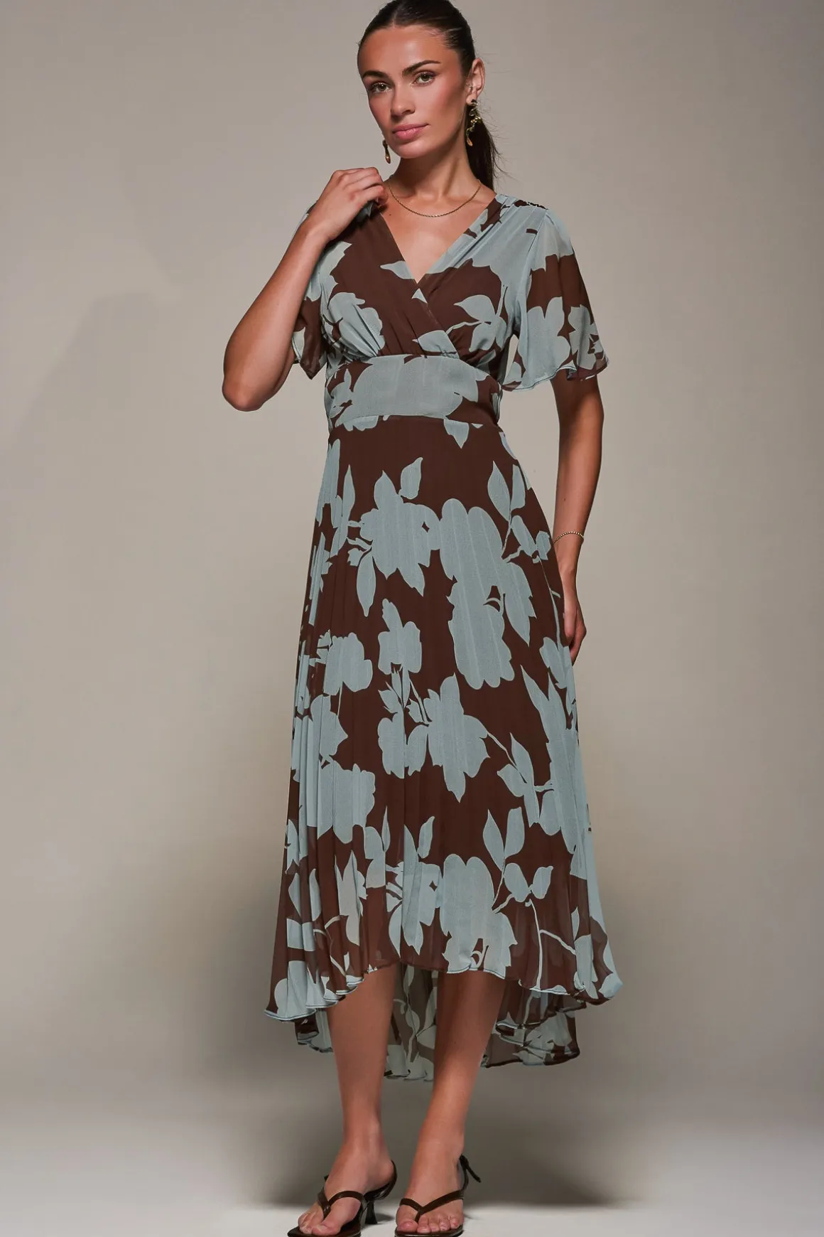 Chiffon Pleated Dip Hem Maxi Dress, Brown Floral