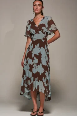 Chiffon Pleated Dip Hem Maxi Dress, Brown Floral