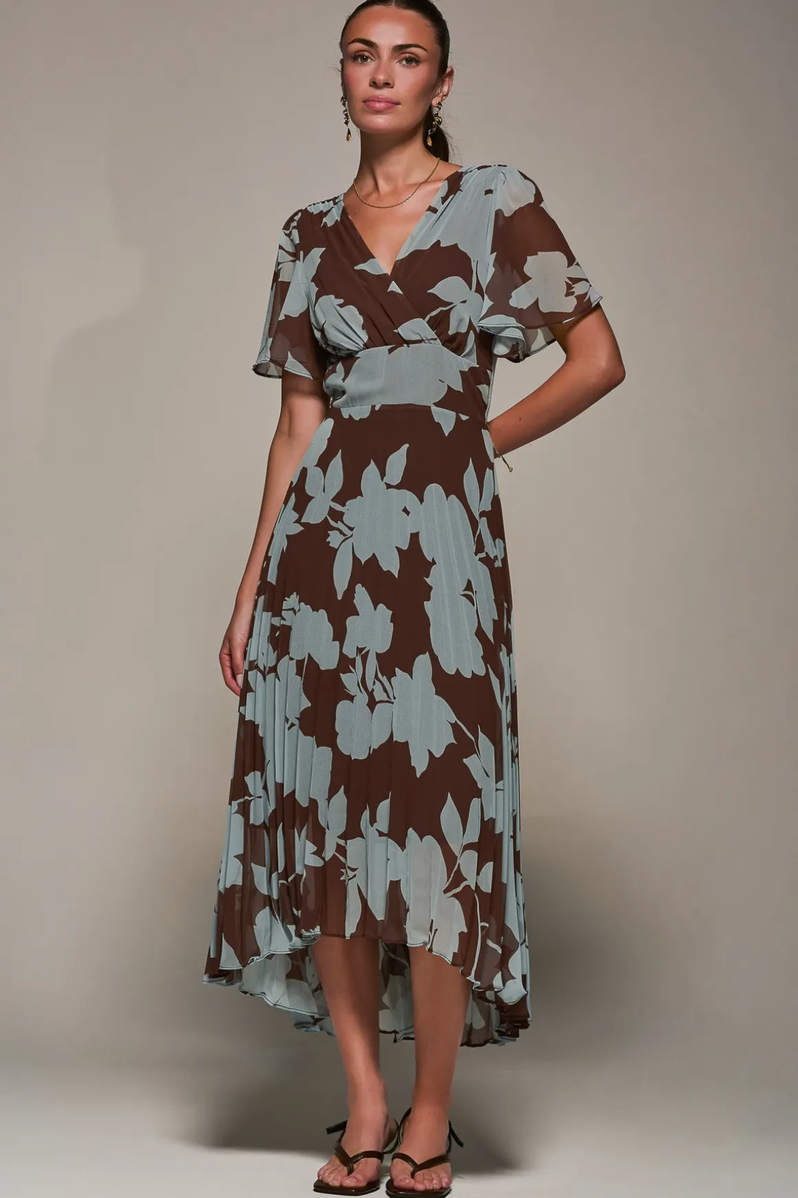 Chiffon Pleated Dip Hem Maxi Dress, Brown Floral