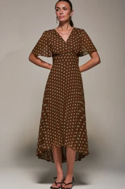 Chiffon Pleated Dip Hem Maxi Dress, Brown Spot