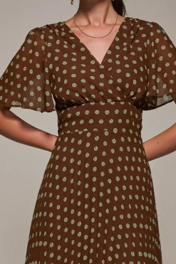 Chiffon Pleated Dip Hem Maxi Dress, Brown Spot