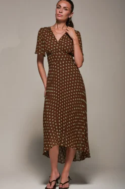 Chiffon Pleated Dip Hem Maxi Dress, Brown Spot