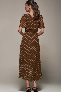 Chiffon Pleated Dip Hem Maxi Dress, Brown Spot