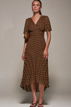 Chiffon Pleated Dip Hem Maxi Dress, Brown Spot