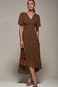 Chiffon Pleated Dip Hem Maxi Dress, Brown Spot