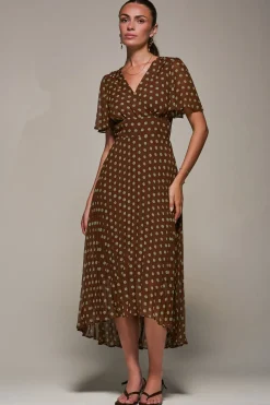 Chiffon Pleated Dip Hem Maxi Dress, Brown Spot