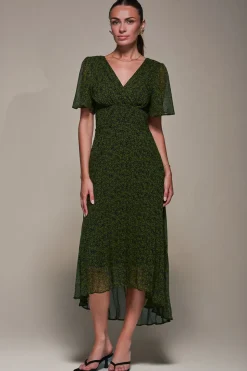 Chiffon Pleated Dip Hem Maxi Dress, Green Abstract