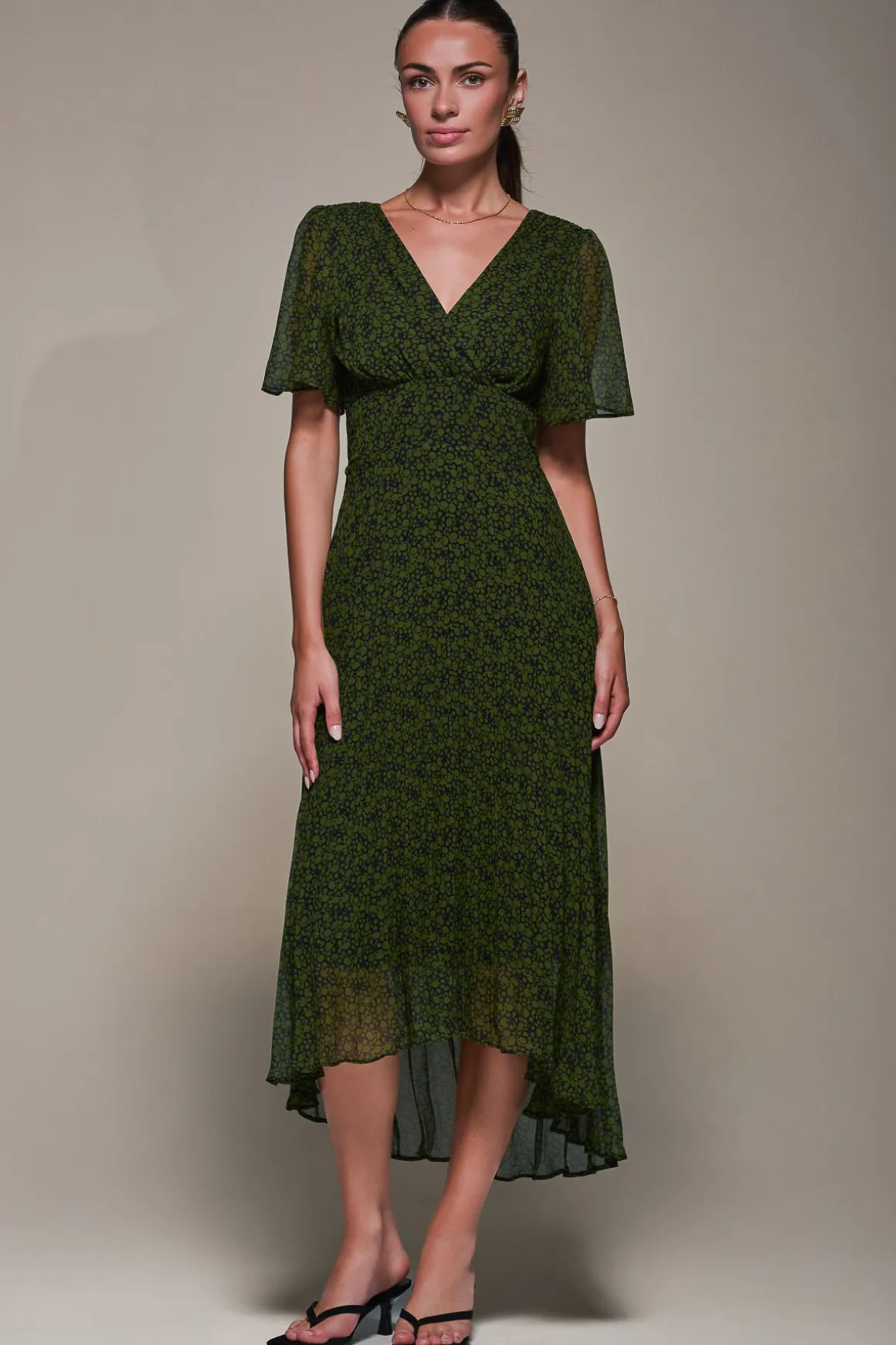 Chiffon Pleated Dip Hem Maxi Dress, Green Abstract