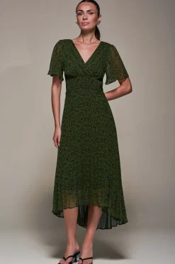 Chiffon Pleated Dip Hem Maxi Dress, Green Abstract