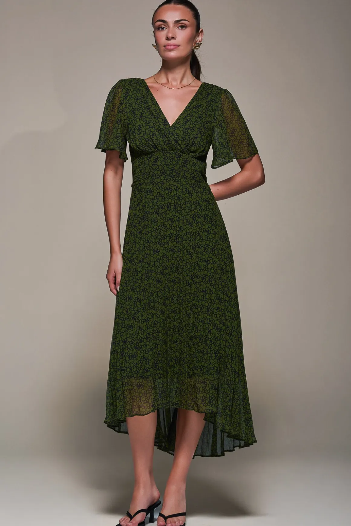 Chiffon Pleated Dip Hem Maxi Dress, Green Abstract