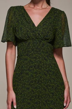 Chiffon Pleated Dip Hem Maxi Dress, Green Abstract