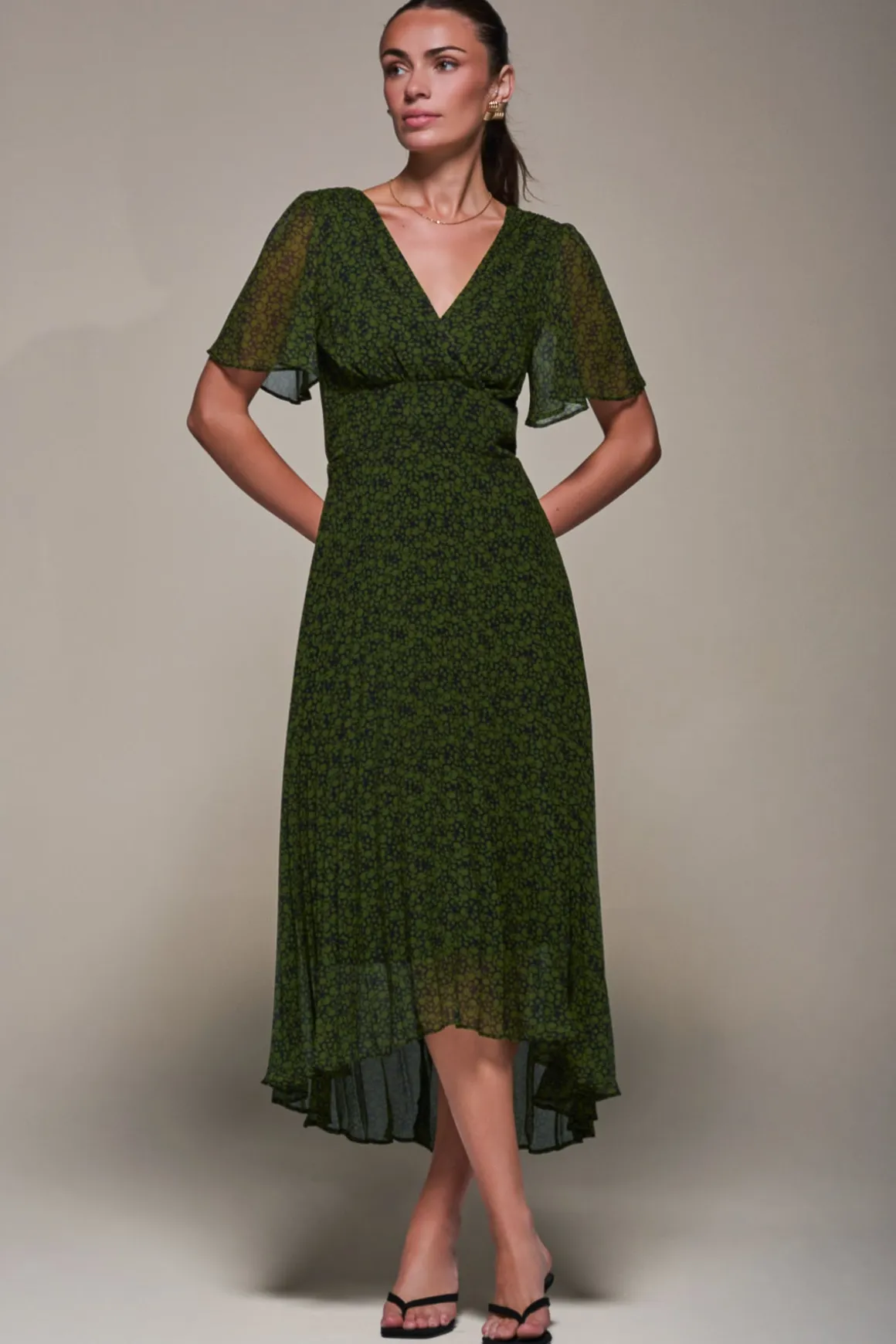 Chiffon Pleated Dip Hem Maxi Dress, Green Abstract