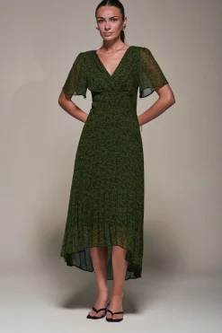 Chiffon Pleated Dip Hem Maxi Dress, Green Abstract