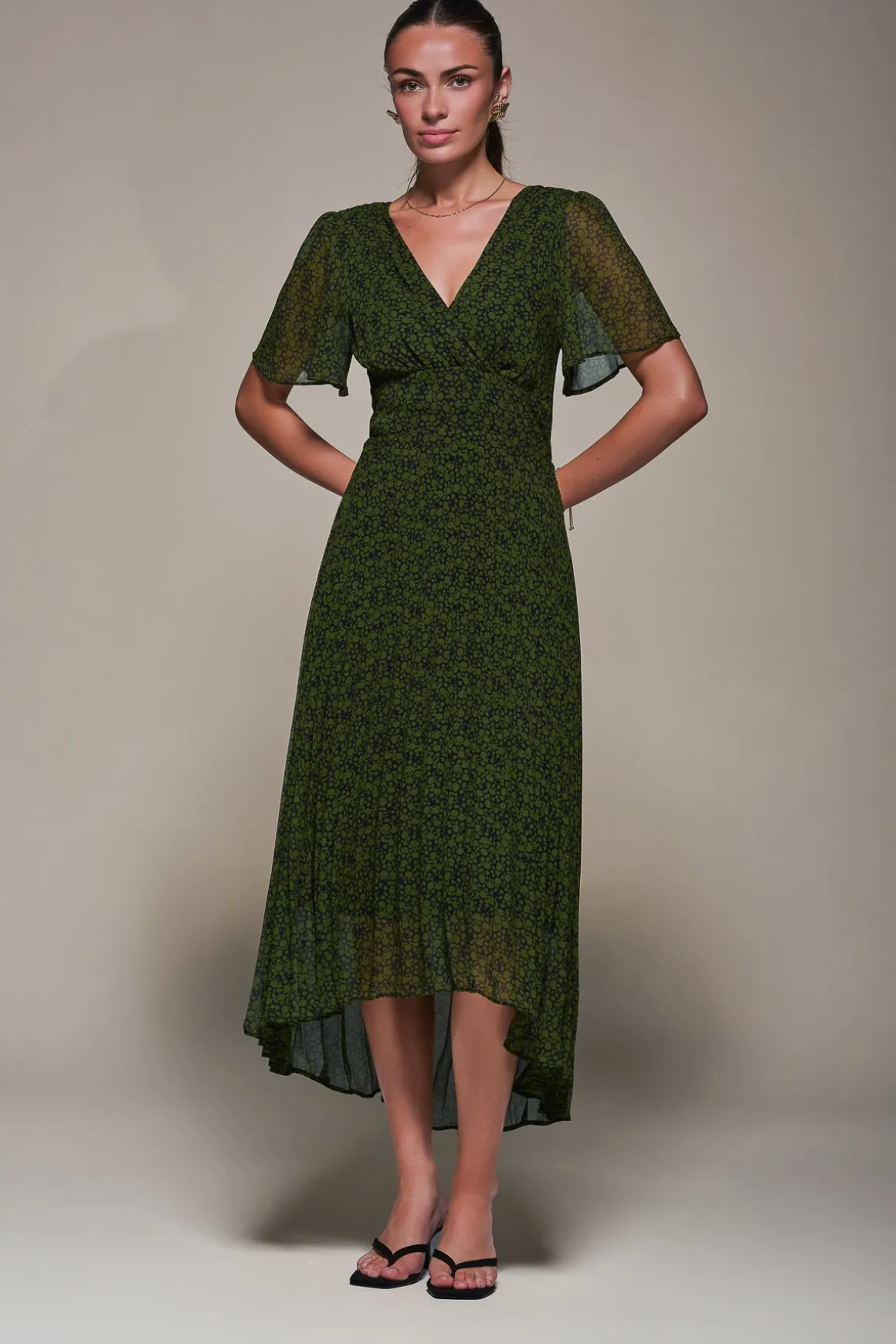 Chiffon Pleated Dip Hem Maxi Dress, Green Abstract