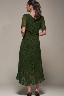 Chiffon Pleated Dip Hem Maxi Dress, Green Abstract