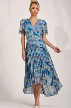 Chiffon Pleated Maxi Dress, Blue Abstract