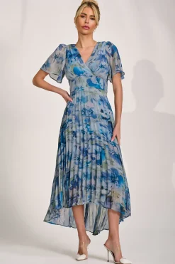 Chiffon Pleated Maxi Dress, Blue Abstract