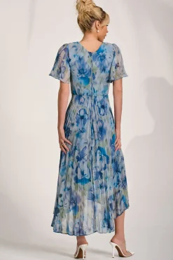 Chiffon Pleated Maxi Dress, Blue Abstract