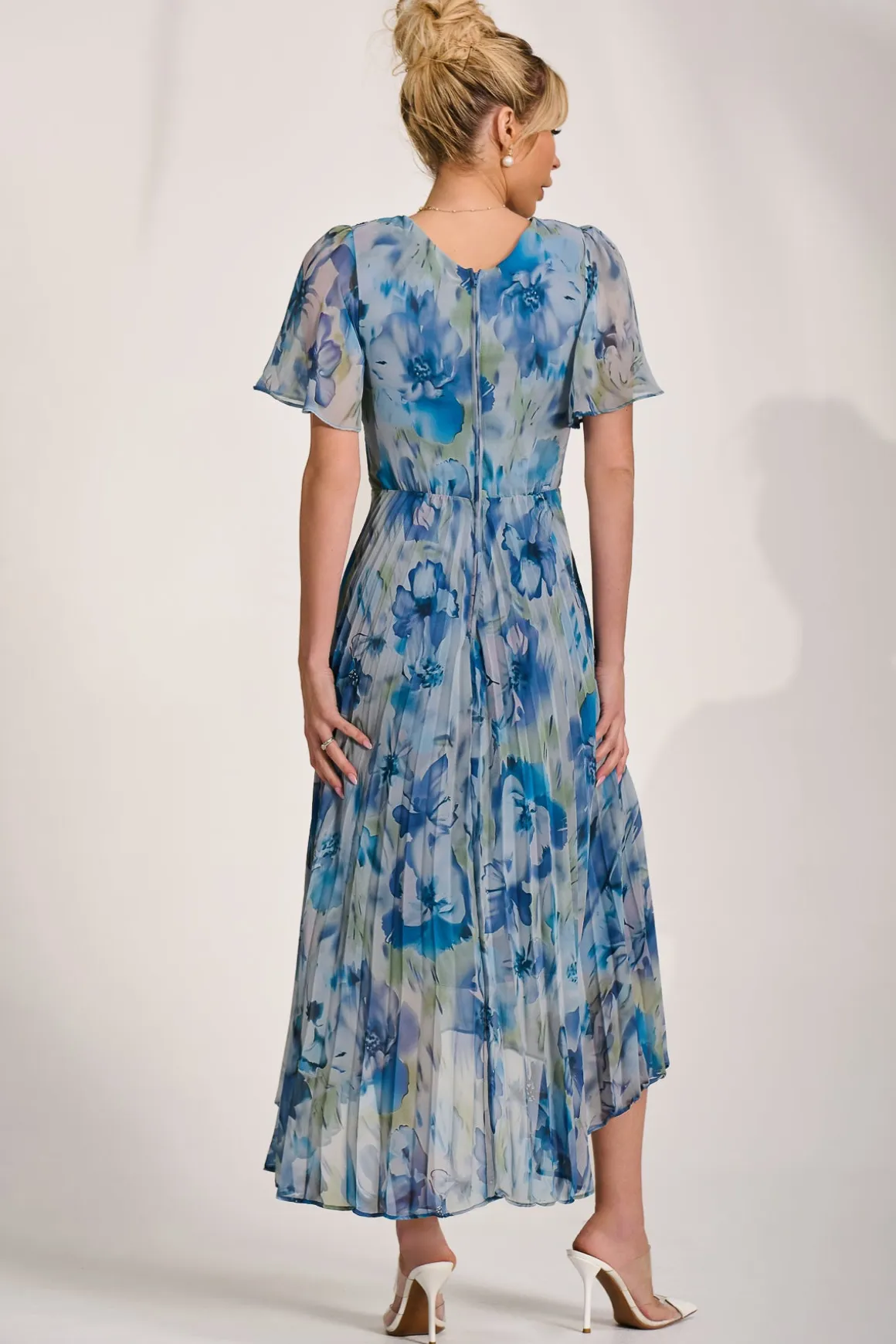 Chiffon Pleated Maxi Dress, Blue Abstract