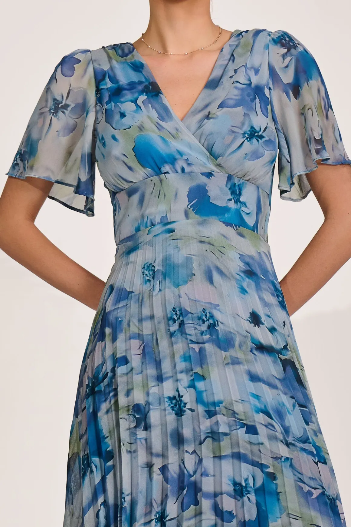 Chiffon Pleated Maxi Dress, Blue Abstract