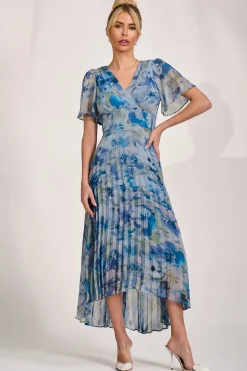 Chiffon Pleated Maxi Dress, Blue Abstract