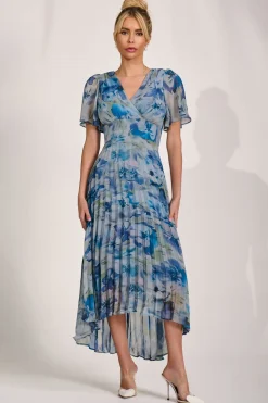 Chiffon Pleated Maxi Dress, Blue Abstract