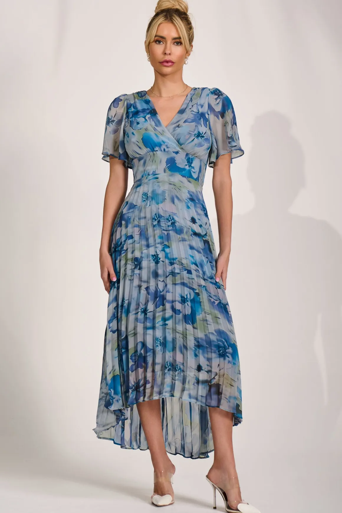 Chiffon Pleated Maxi Dress, Blue Abstract