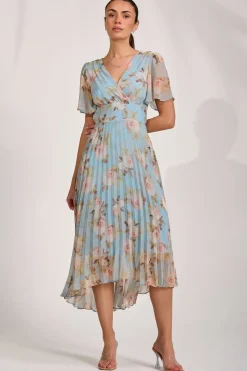 Chiffon Pleated Maxi Dress, Blue Floral