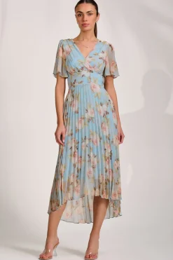 Chiffon Pleated Maxi Dress, Blue Floral