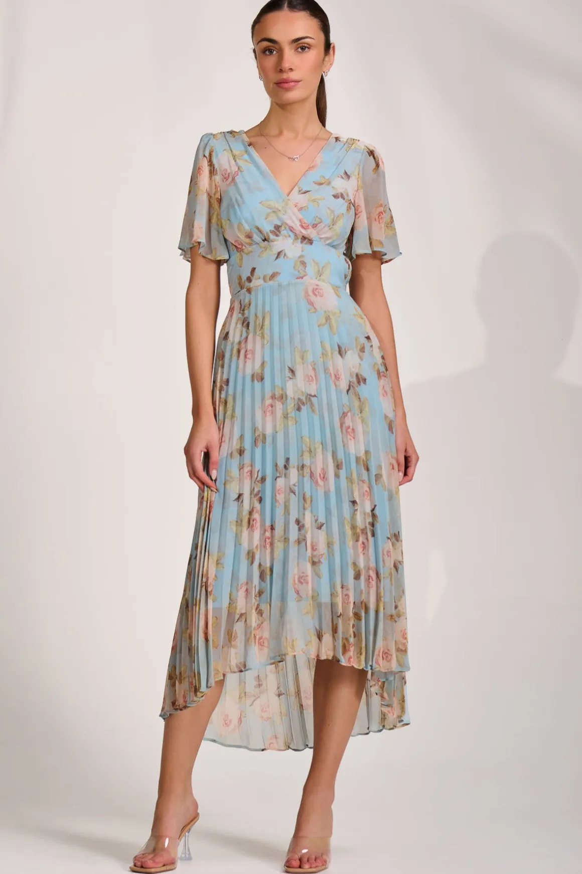 Chiffon Pleated Maxi Dress, Blue Floral