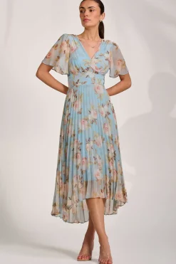 Chiffon Pleated Maxi Dress, Blue Floral