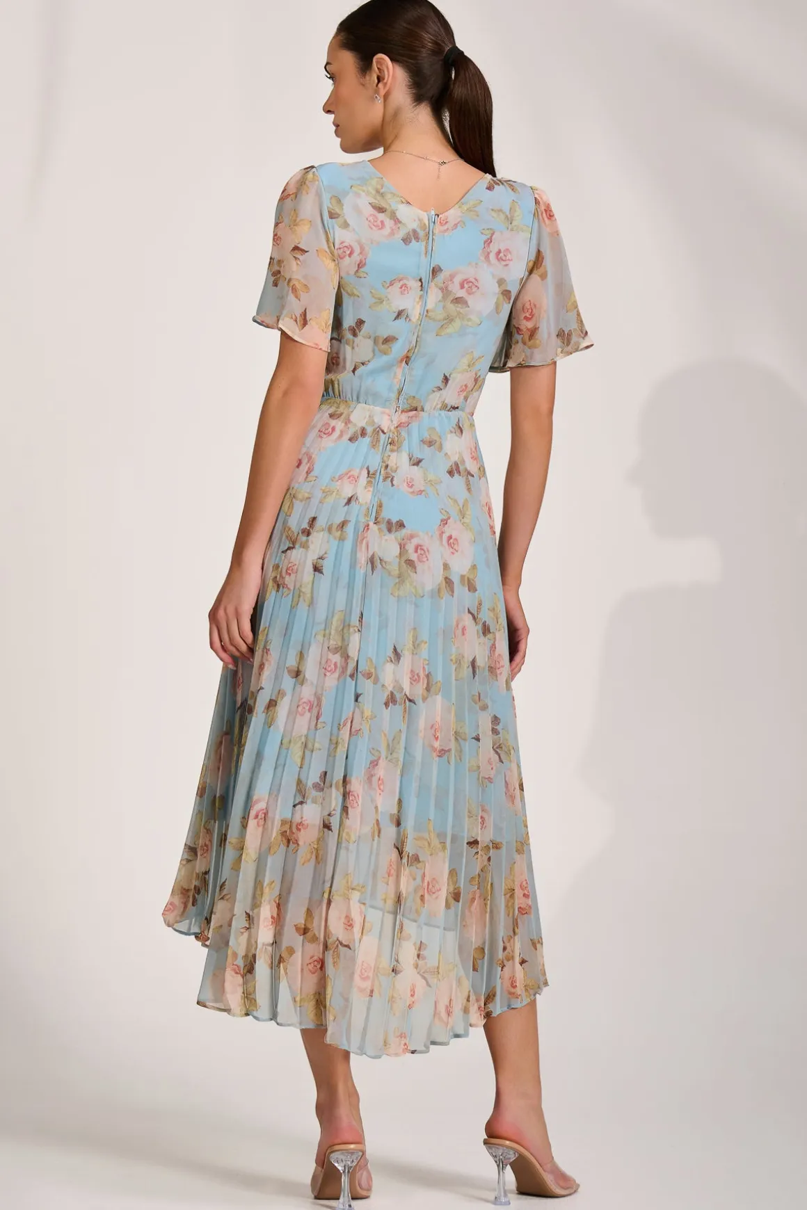 Chiffon Pleated Maxi Dress, Blue Floral