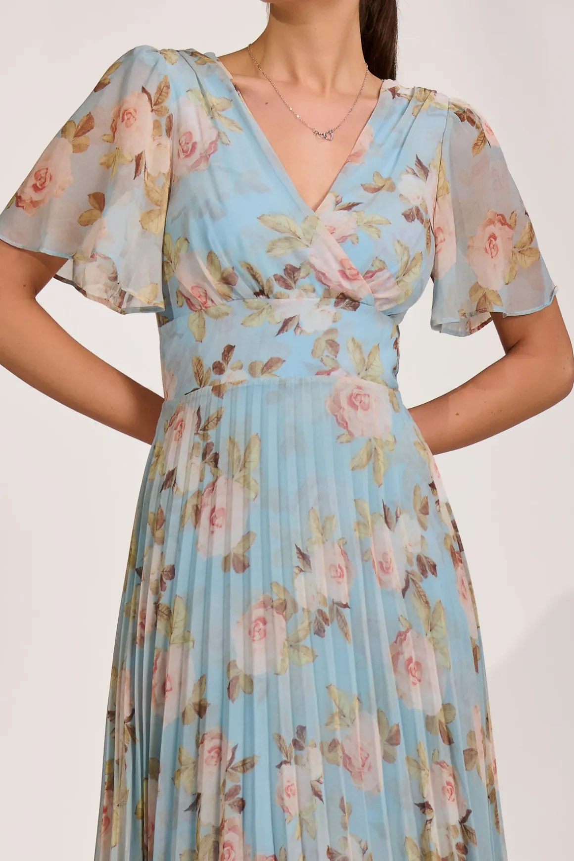 Chiffon Pleated Maxi Dress, Blue Floral