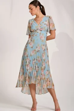 Chiffon Pleated Maxi Dress, Blue Floral