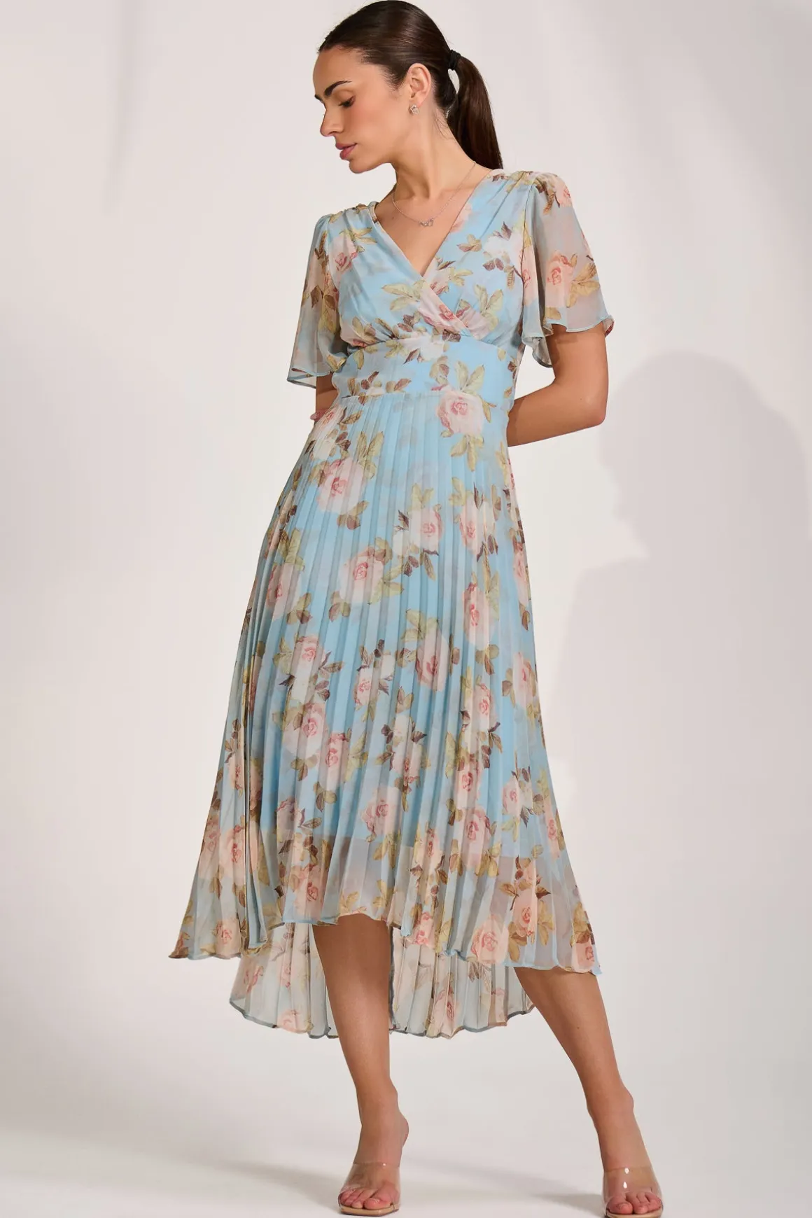 Chiffon Pleated Maxi Dress, Blue Floral