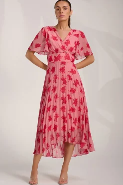 Chiffon Pleated Maxi Dress, Coral Floral