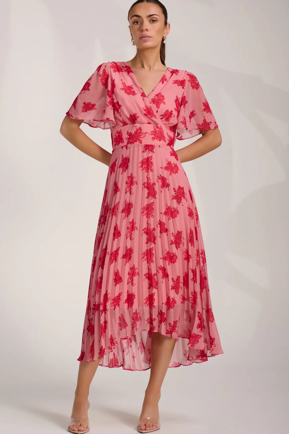 Chiffon Pleated Maxi Dress, Coral Floral