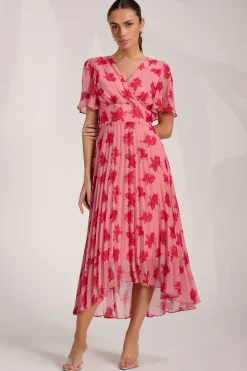 Chiffon Pleated Maxi Dress, Coral Floral