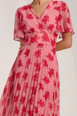 Chiffon Pleated Maxi Dress, Coral Floral