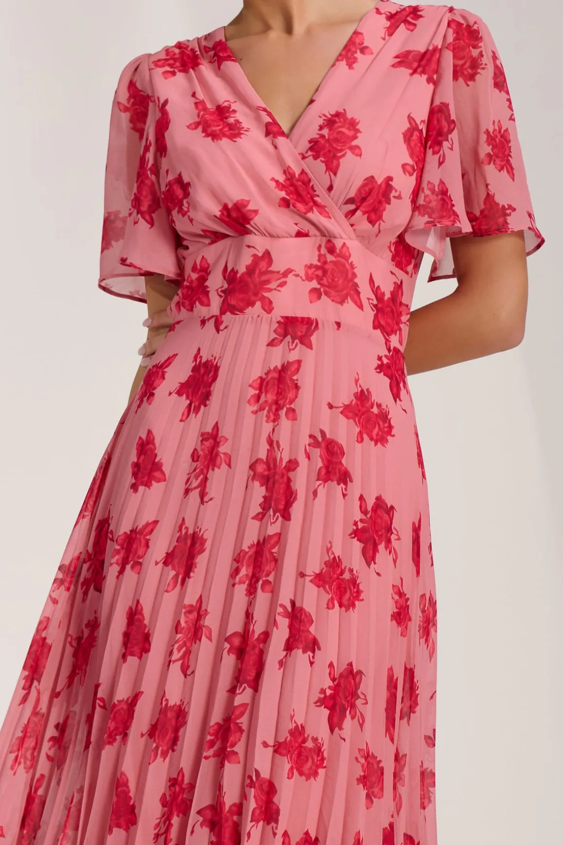 Chiffon Pleated Maxi Dress, Coral Floral