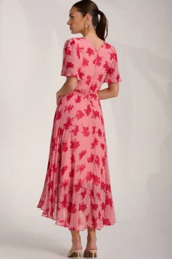Chiffon Pleated Maxi Dress, Coral Floral