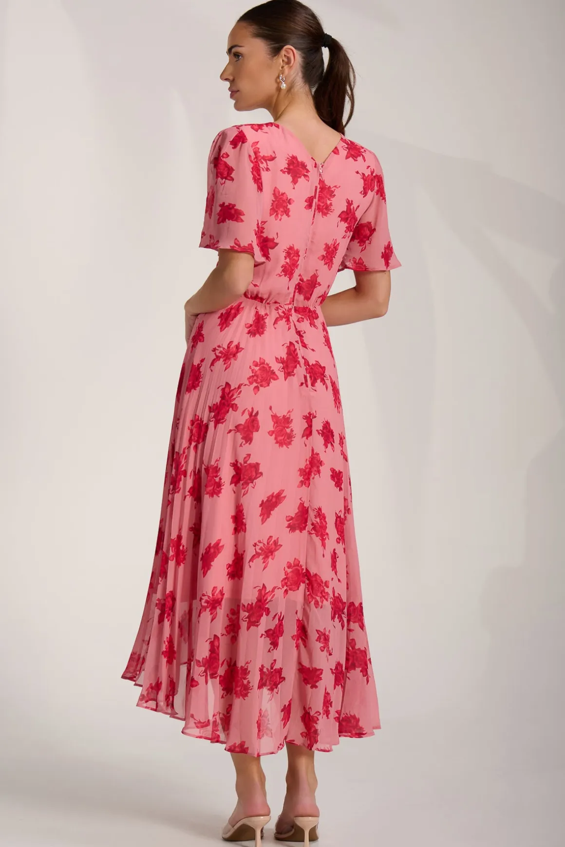 Chiffon Pleated Maxi Dress, Coral Floral