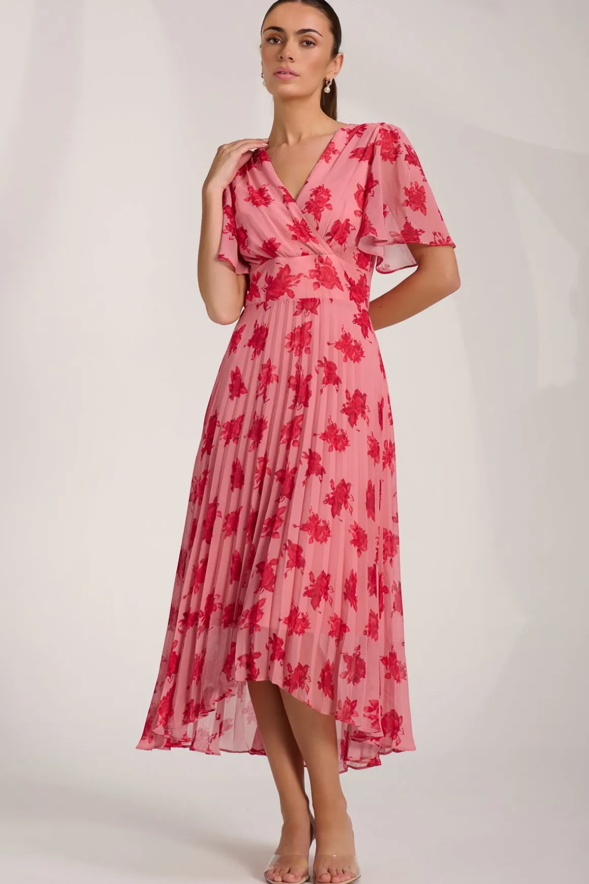 Chiffon Pleated Maxi Dress, Coral Floral