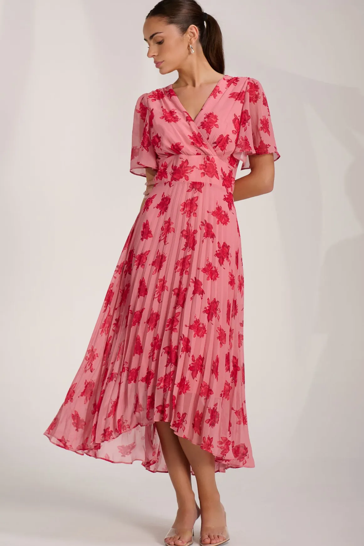 Chiffon Pleated Maxi Dress, Coral Floral