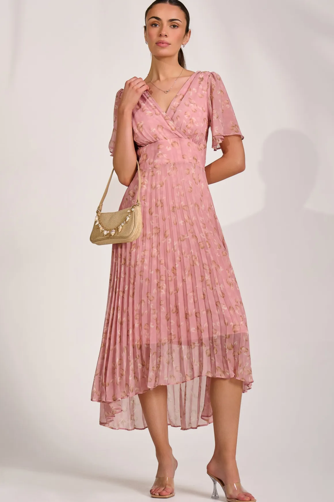 Chiffon Pleated Maxi Dress, Dusty Pink