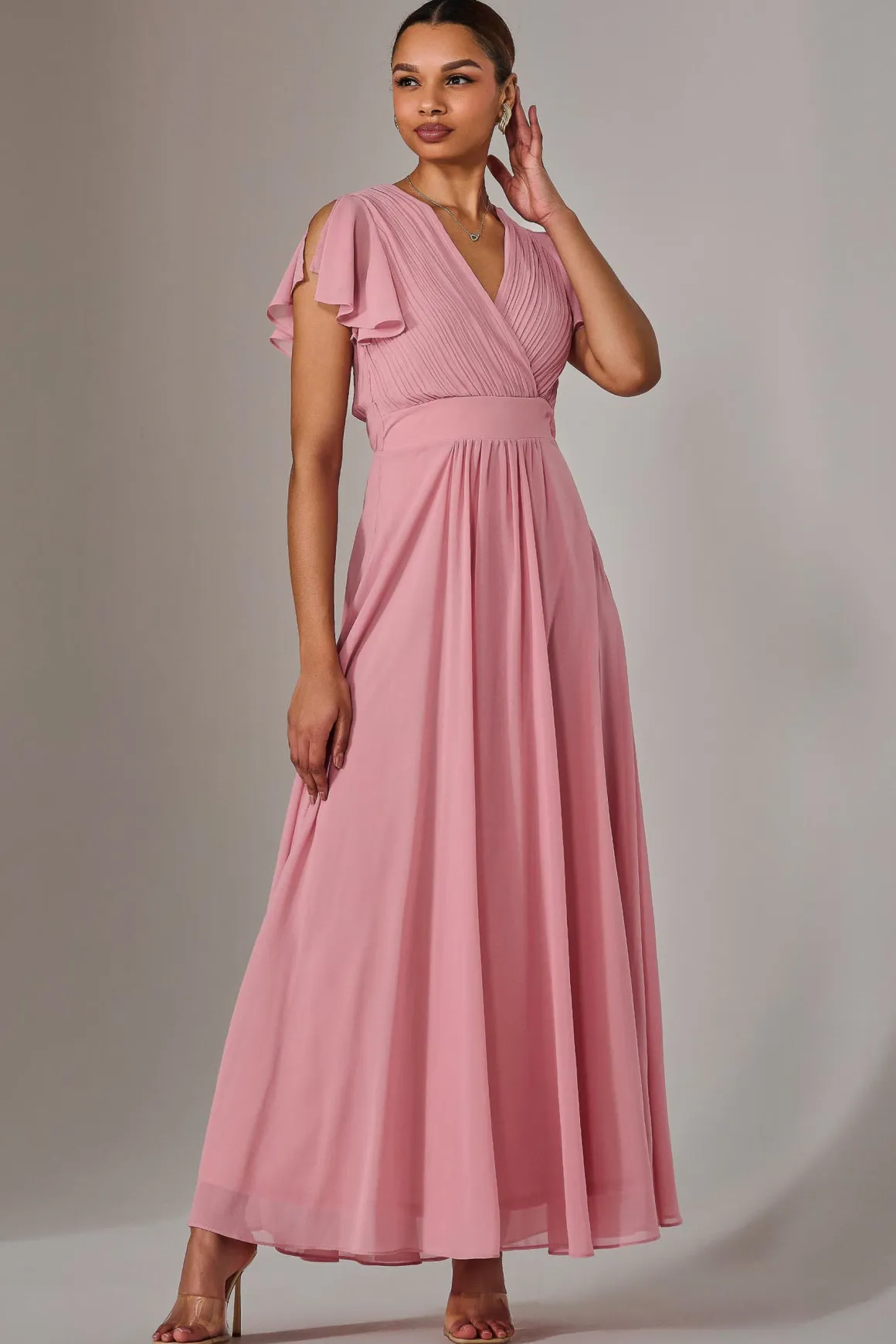 Chiffon Pleated Maxi Dress, Dusty Pink