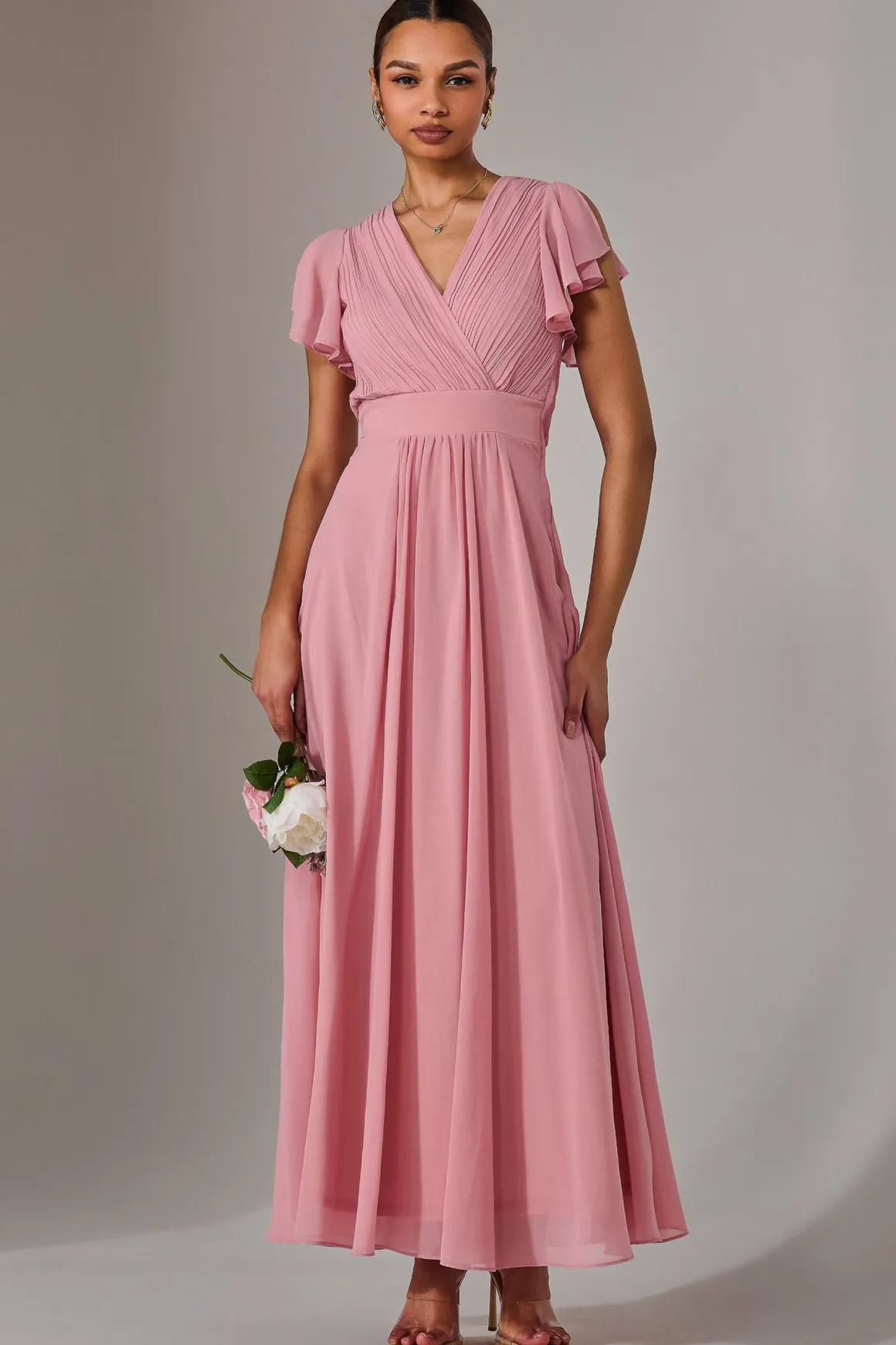 Chiffon Pleated Maxi Dress, Dusty Pink